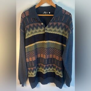 Vintage Gran Sasso Mens Sweater L Textured Aztec Knit Italian Design 1/4 Button